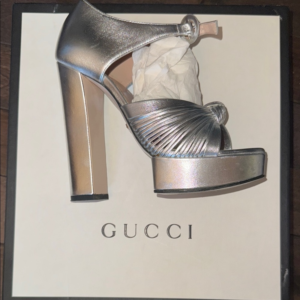 GUCCI Silver Heels with Chunky Platform and Strappy Design